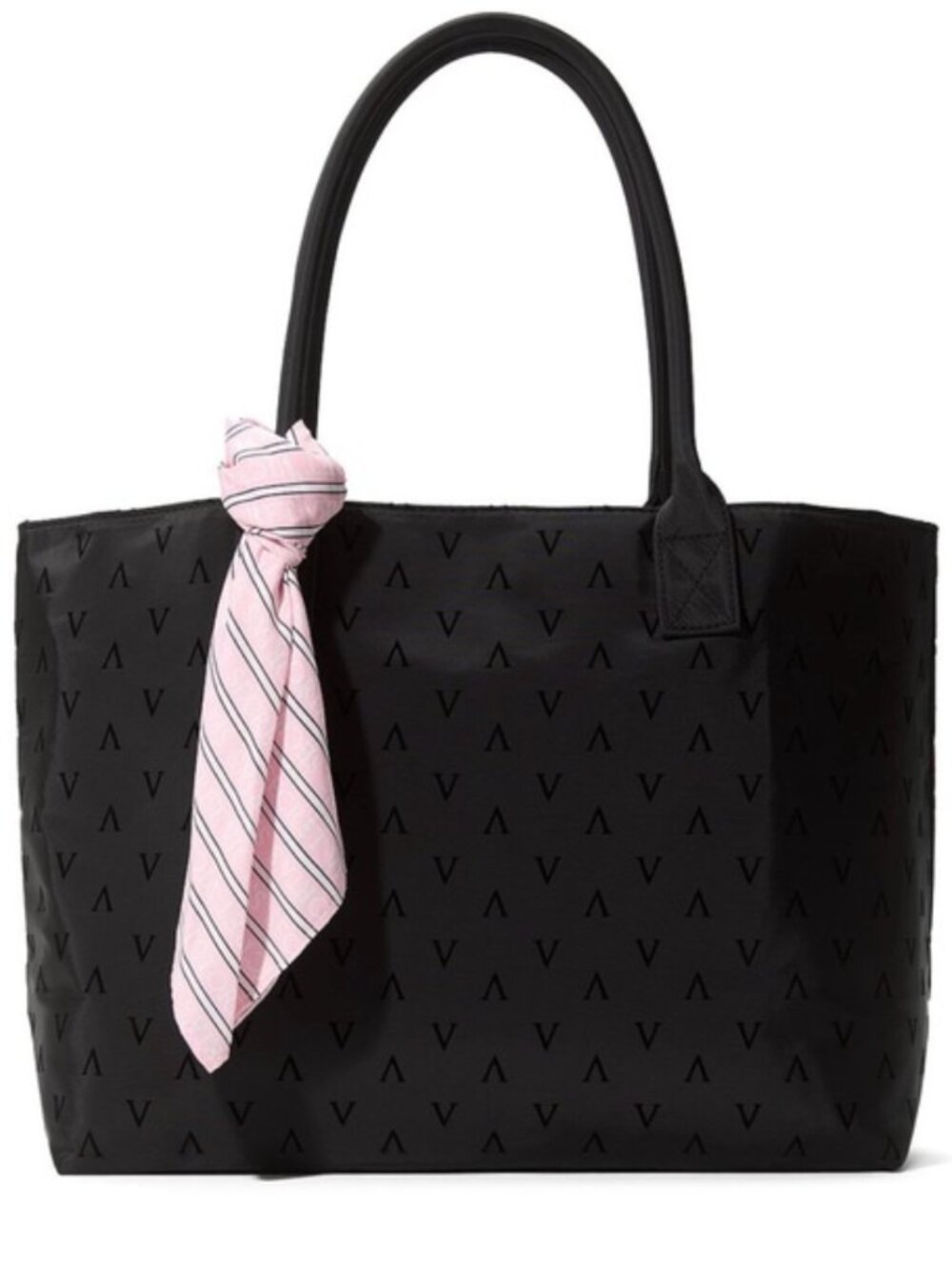 Victoria's Secret Black Velvet Monogram Tote & Pink Satin Striped Scarf - NWT